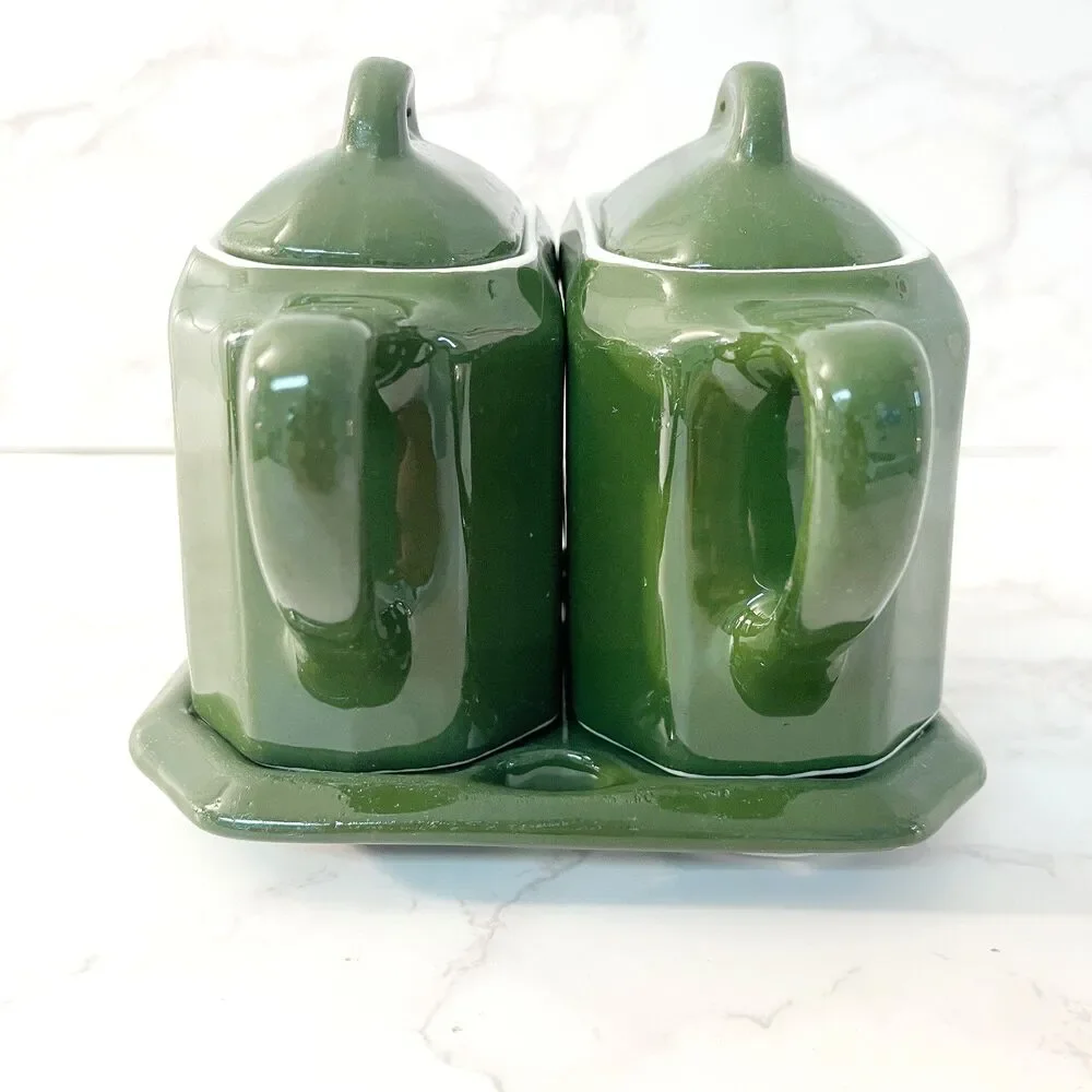 Vintage Lidded Shenango China Oil & Vinegar Cruet Set with Tray Forest Green